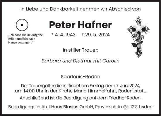 Todesanzeige von Peter Hafner von saarbruecker_zeitung