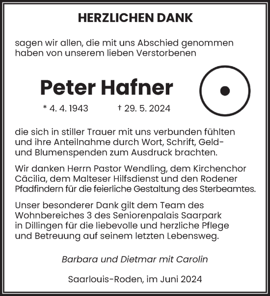 Todesanzeige von Peter Hafner von saarbruecker_zeitung