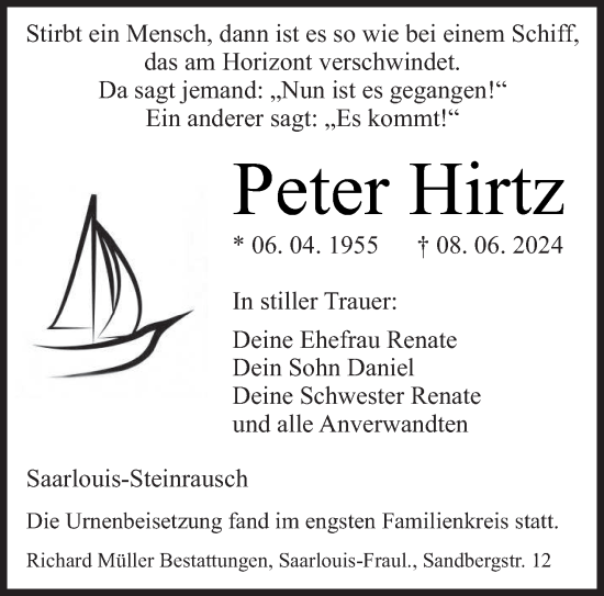 Todesanzeige von Peter Hirtz von saarbruecker_zeitung