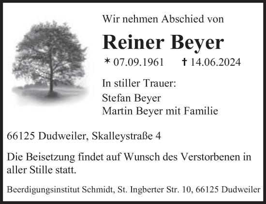 Todesanzeige von Reiner Beyer von saarbruecker_zeitung