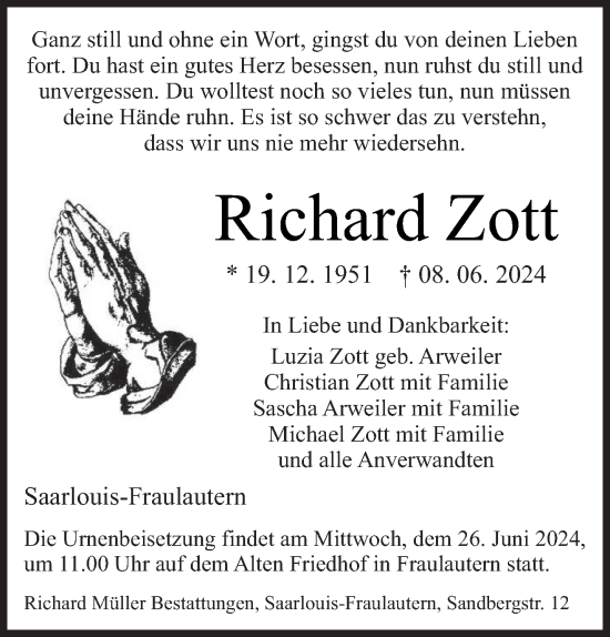 Todesanzeige von Richard Zott von saarbruecker_zeitung