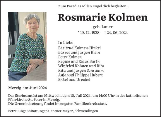 Todesanzeige von Rosmarie Kolmen von saarbruecker_zeitung