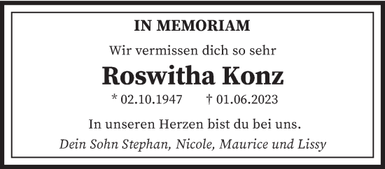 Todesanzeige von Roswitha Konz von saarbruecker_zeitung