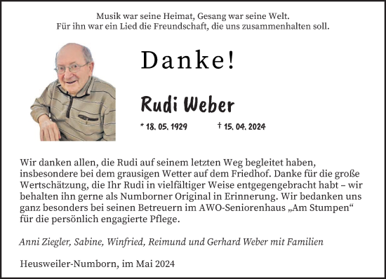 Todesanzeige von Rudi Weber von saarbruecker_zeitung