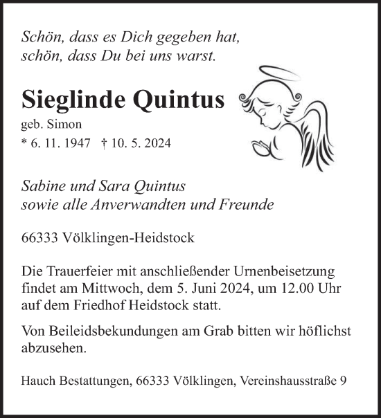 Todesanzeige von Sieglinde Quintus von saarbruecker_zeitung