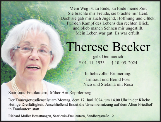 Todesanzeige von Therese Becker von saarbruecker_zeitung