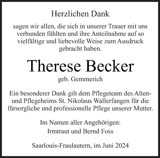 Todesanzeige von Therese Becker von saarbruecker_zeitung