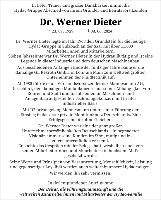 Todesanzeige von Werner Dieter von saarbruecker_zeitung