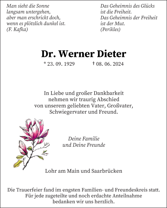 Todesanzeige von Werner Dieter von saarbruecker_zeitung
