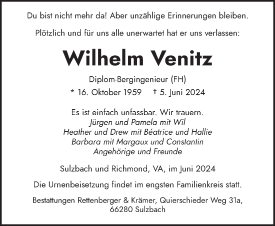 Todesanzeige von Wilhelm Venitz von saarbruecker_zeitung