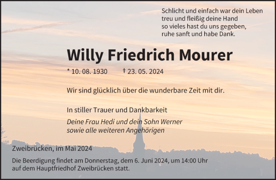 Todesanzeige von Willy Friedrich Mourer von saarbruecker_zeitung