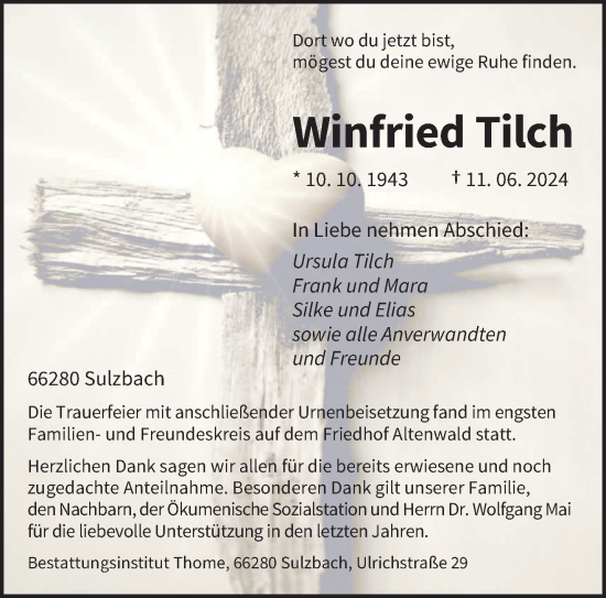 Todesanzeige von Winfried Tilch von saarbruecker_zeitung