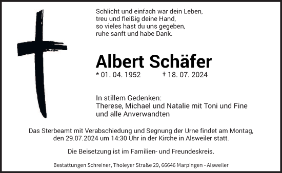 Todesanzeige von Albert Schäfer von saarbruecker_zeitung