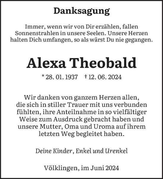 Todesanzeige von Alexa Theobald von saarbruecker_zeitung