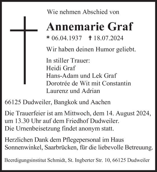 Todesanzeige von Annemarie Graf von saarbruecker_zeitung