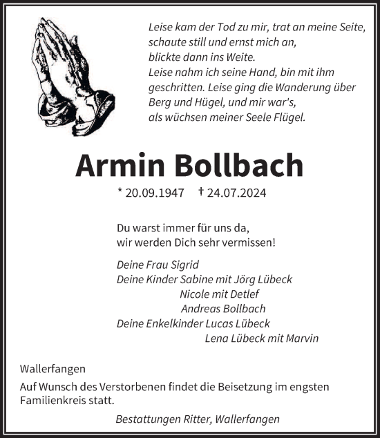 Todesanzeige von Armin Bollbach von saarbruecker_zeitung