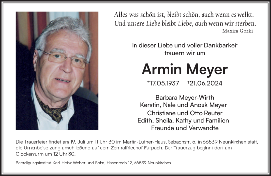 Todesanzeige von Armin Meyer von saarbruecker_zeitung