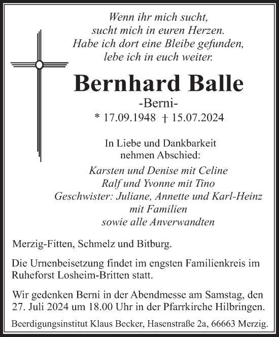 Todesanzeige von Bernhard Balle von saarbruecker_zeitung