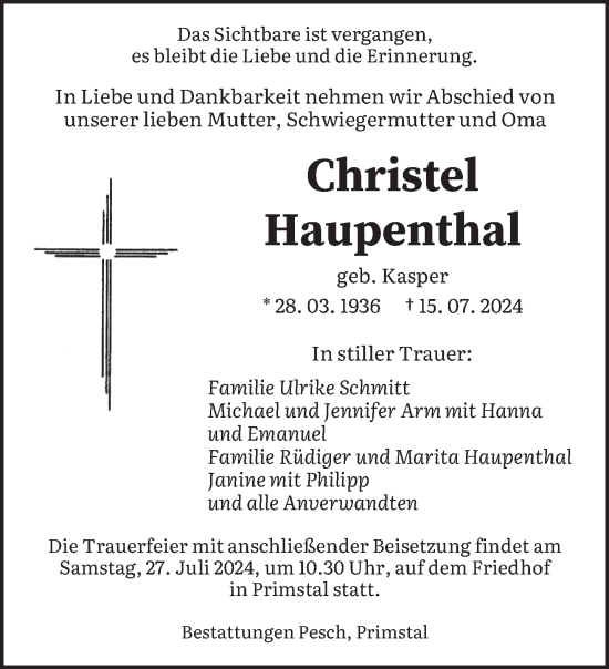 Todesanzeige von Christle Haupenthal von saarbruecker_zeitung