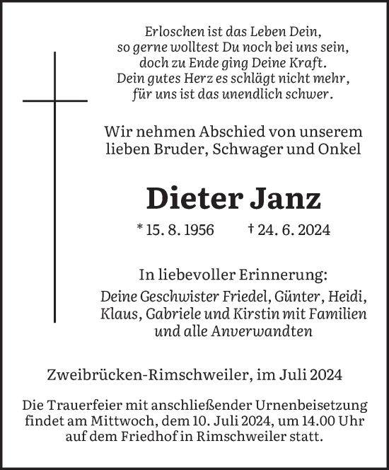 Todesanzeige von Dieter Janz von saarbruecker_zeitung