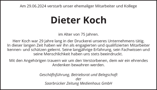 Todesanzeige von Dieter Koch von saarbruecker_zeitung