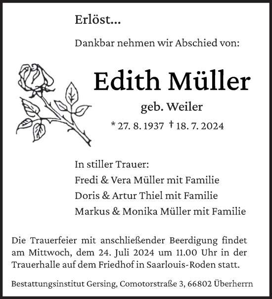 Todesanzeige von Edith Müller von saarbruecker_zeitung