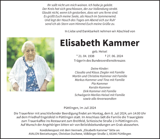 Todesanzeige von Elisabeth Kammer von saarbruecker_zeitung