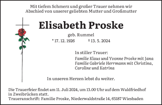 Todesanzeige von Elisabeth Proske von saarbruecker_zeitung