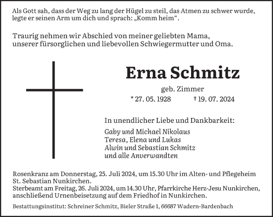 Todesanzeige von Erna Schmitz von saarbruecker_zeitung