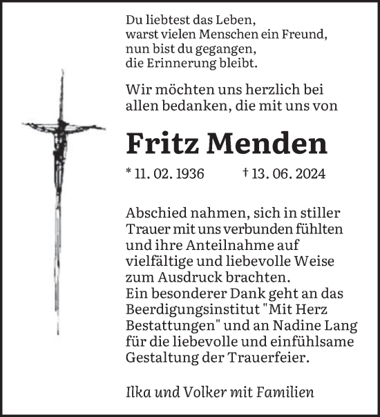 Todesanzeige von Fritz Menden von saarbruecker_zeitung