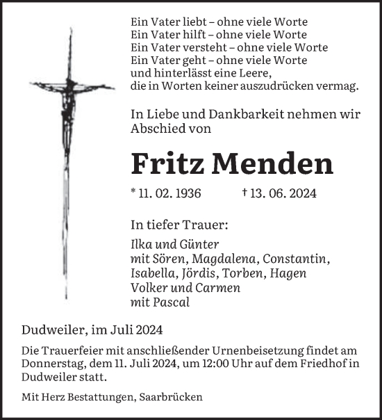 Todesanzeige von Fritz Menden von saarbruecker_zeitung