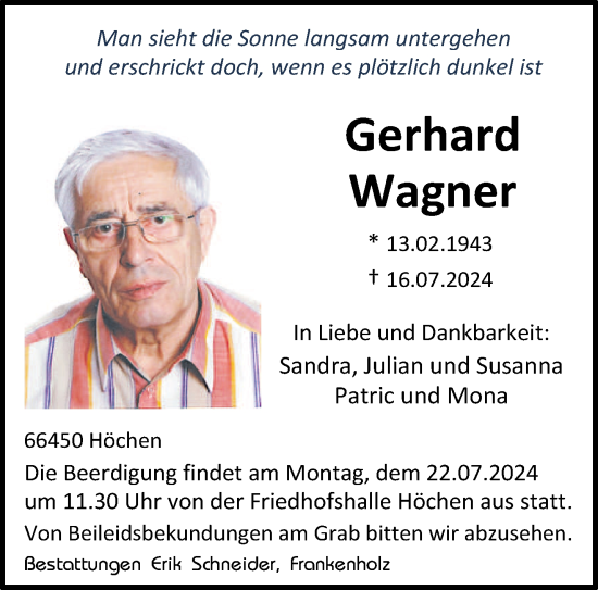 Todesanzeige von Gerhard Wagner von saarbruecker_zeitung
