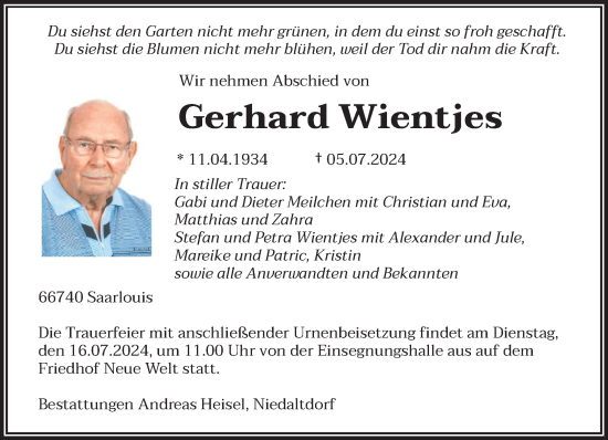 Todesanzeige von Gerhard Wientjes von saarbruecker_zeitung