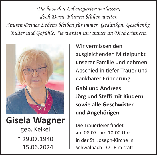 Todesanzeige von Gisela Wagner von saarbruecker_zeitung