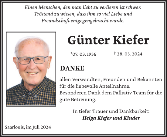 Todesanzeige von Günter Kiefer von saarbruecker_zeitung