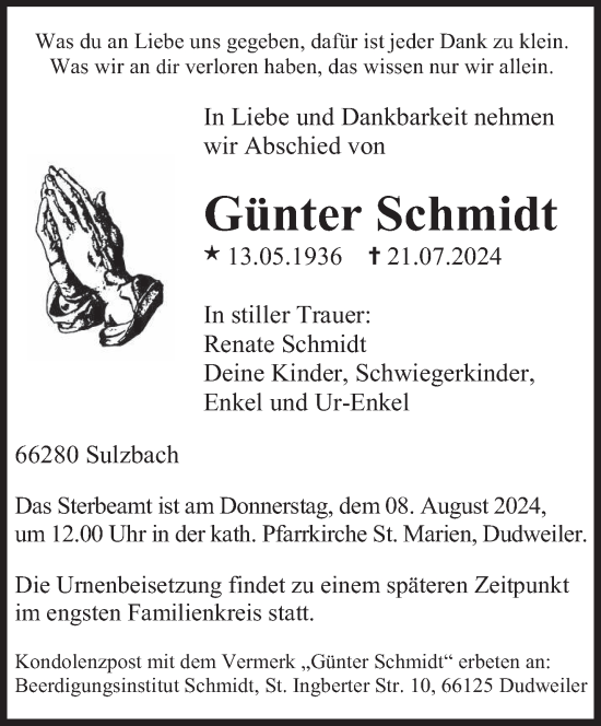 Todesanzeige von Günter Schmidt von saarbruecker_zeitung