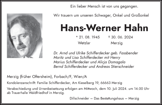 Todesanzeige von Hans-Werner Hahn von saarbruecker_zeitung