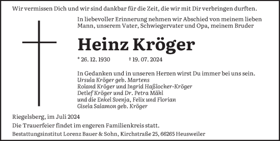 Todesanzeige von Heinz Kröger von saarbruecker_zeitung