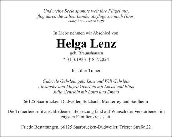 Todesanzeige von Helga Lenz von saarbruecker_zeitung