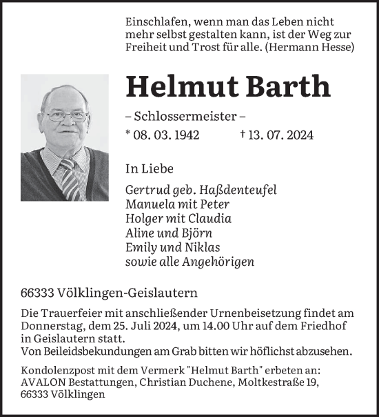 Todesanzeige von Helmut Barth von saarbruecker_zeitung