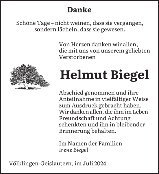 Todesanzeige von Helmut Biegel von saarbruecker_zeitung