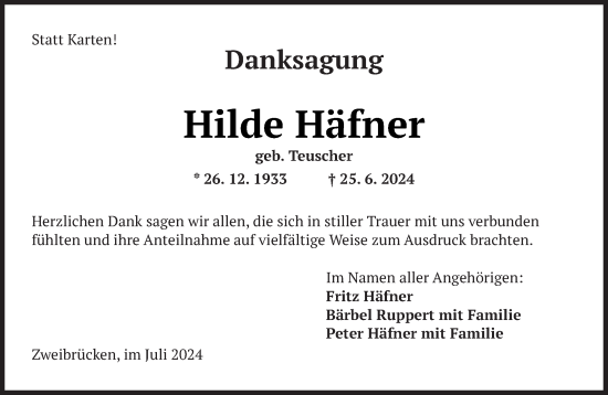 Todesanzeige von Hilde Häfner von saarbruecker_zeitung