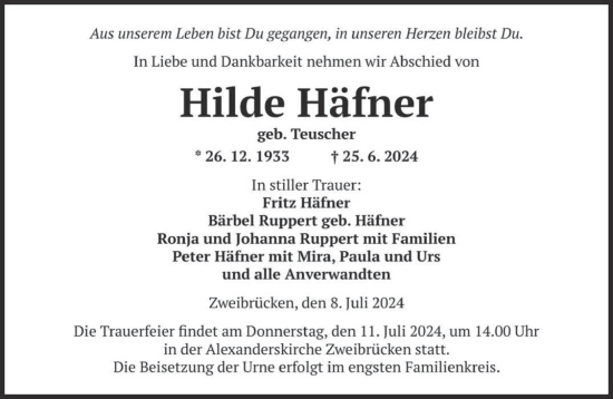 Todesanzeige von Hilde Häfner von saarbruecker_zeitung