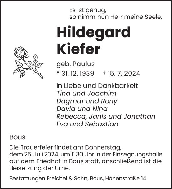 Todesanzeige von Hildegard Kiefer von saarbruecker_zeitung