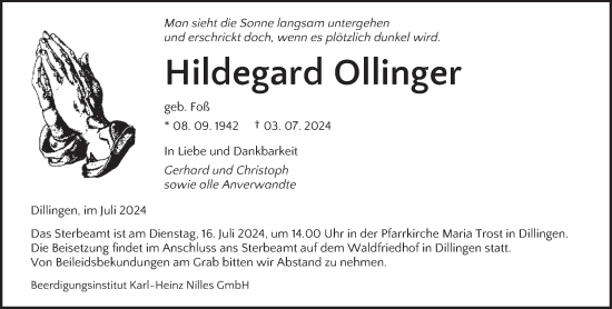 Todesanzeige von Hildegard Ollinger von saarbruecker_zeitung