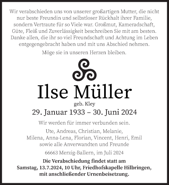 Todesanzeige von Ilse Müller von saarbruecker_zeitung