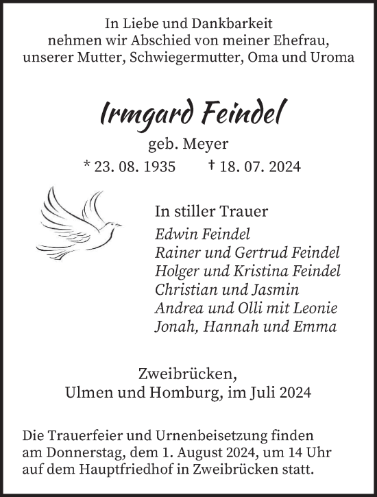 Todesanzeige von Irmgard Feindel von saarbruecker_zeitung