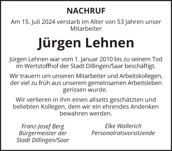 Todesanzeige von Jürgen Lehnen von saarbruecker_zeitung