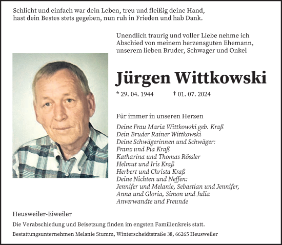 Todesanzeige von Jürgen Wittkowski von saarbruecker_zeitung