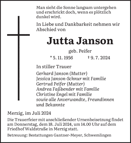 Todesanzeige von Jutta Janson von saarbruecker_zeitung